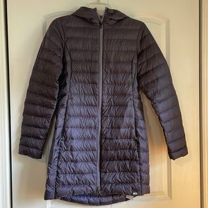 REI down coat with hood & zip pockets, size S